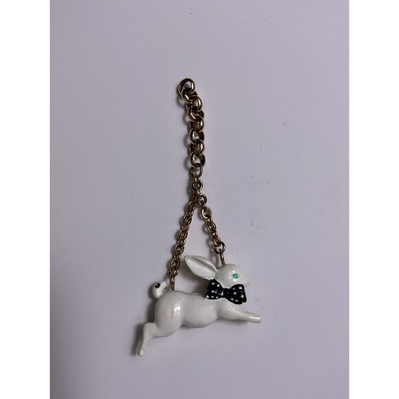 Vintage White Rabbit Pendant Charm Black Polka Dot Bow Tie & Gold-Tone Chain - Picture 3 of 3